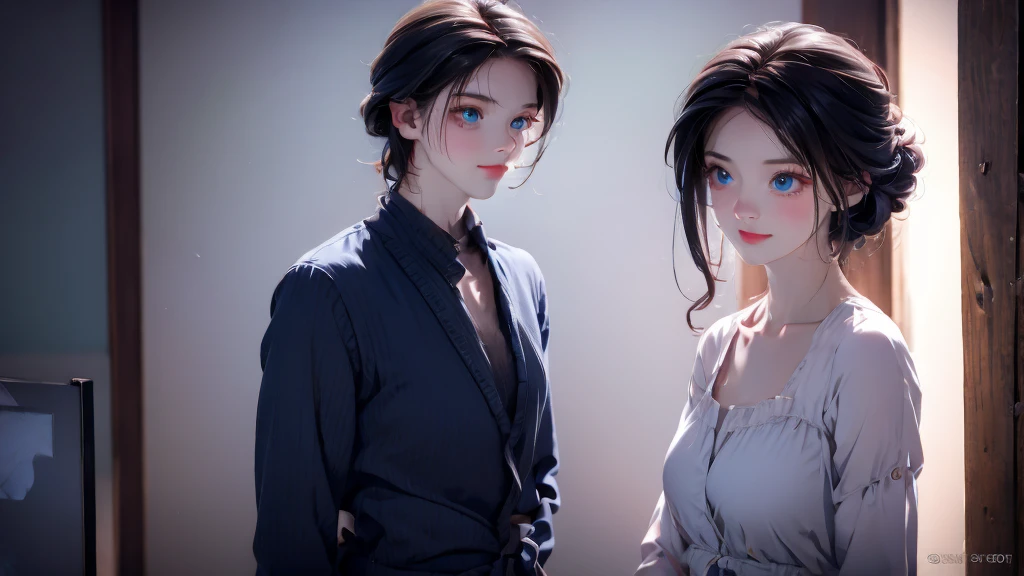 1 Boy 1Girl , Boy medium light black hair, Girl medium light Blue hair, light blue eyes, wearing black suit, night city, 18+ , high res, ultrasharp, 8K, masterpiece, looking from behind