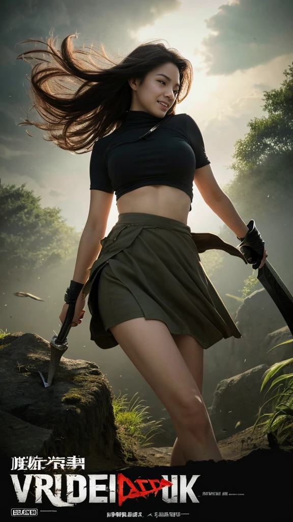 (In the Dark: 1), (highest quality), (Reality: 1), Movie Posters, Realistic skin texture, Very detailed, 8k wallpaper, Volumetric lighting, Dynamic Lighting, With a girl, Black bob hair, Small breasts, uniform, Short white shirt, Belly button、Mini Pleated Skirt, Waist Guard, Handguard, Veil, holding a long sword in front of you,hold a trench knife, (((The wind blows her skirt up, exposing her beautiful pussy))), Castle in the Sky Garden, short sword at waist, attack posture, Bloodstain, Torn clothes, Battlefields of Ancient China, A group of ancient soldiers chasing and killing, The eagle is flying, war is flying, night, Dramatic composition, Around the sword, rich background details, war,Idol Smile