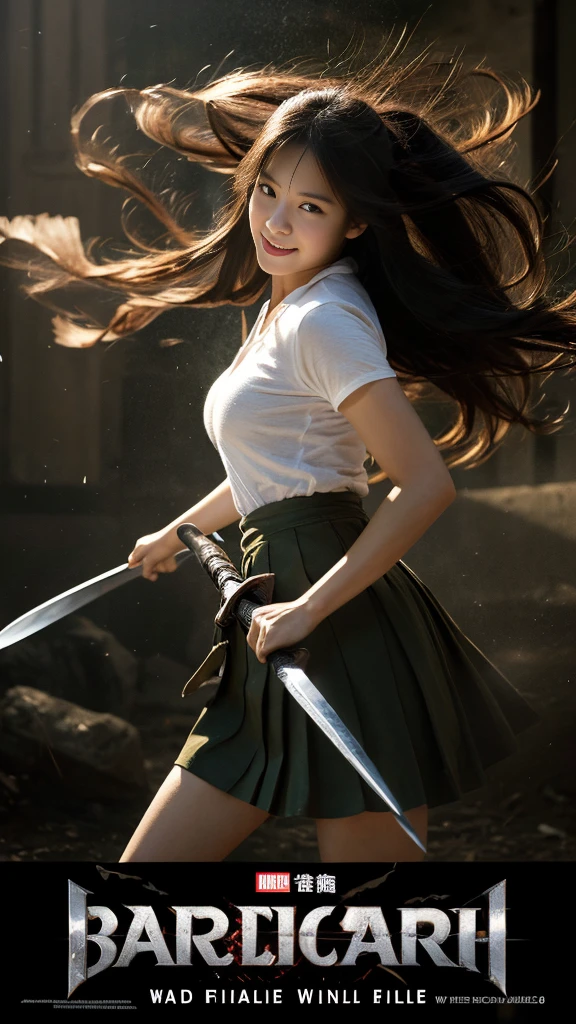 (In the Dark: 1), (highest quality), (Reality: 1), Movie Posters, Realistic skin texture, Very detailed, 8k wallpaper, Volumetric lighting, Dynamic Lighting, With a girl, Black bob hair, Small breasts, uniform, Short white shirt, Belly button、Mini Pleated Skirt, Waist Guard, Handguard, Veil, holding a long sword in front of you,hold a trench knife, (((The wind blows her skirt up, exposing her beautiful pussy))), Castle in the Sky Garden, short sword at waist, attack posture, Bloodstain, Torn clothes, Battlefields of Ancient China, A group of ancient soldiers chasing and killing, The eagle is flying, war is flying, night, Dramatic composition, Around the sword, rich background details, war,Idol Smile