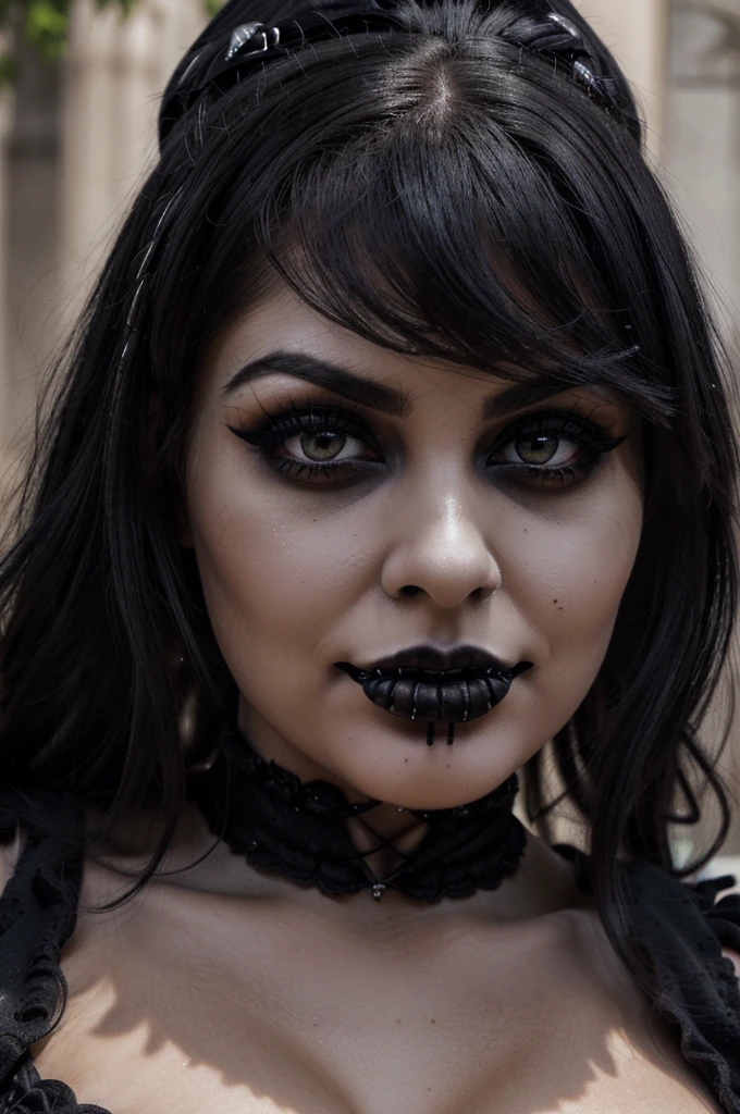 photorealistic, best quality, (hyper detailed: 1.4), (((posing:1.5))), ((close-up:1.3)), flirting, ((goth:1.4)), plus size body, brown eyes, Detailed eyes, ((wearing black :1.5)). beautiful goth young woman, (Highly detailed face:1.4), exuding a natural glow, soft lightning, day time, park view, smile, jaw-dropping beauty, sexy, seductive, vivid colors