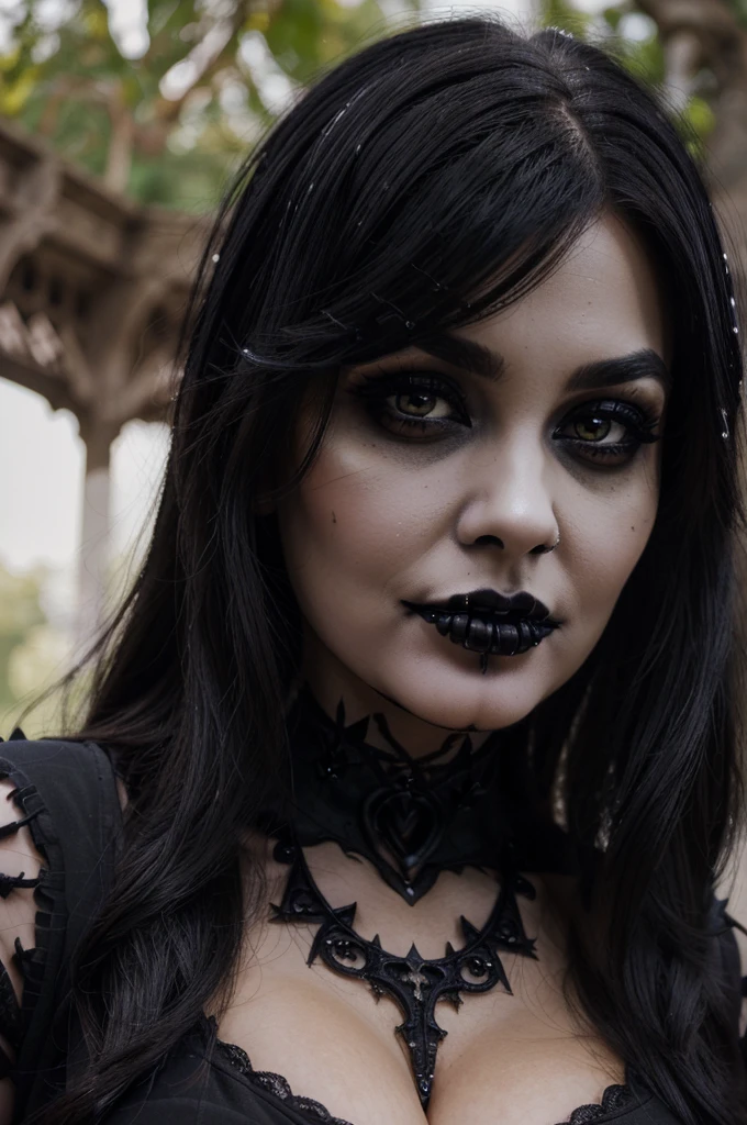 photorealistic, best quality, (hyper detailed: 1.4), (((posing:1.5))), ((close-up:1.3)), flirting, ((goth:1.4)), plus size body, brown eyes, Detailed eyes, ((wearing black :1.5)). beautiful goth young woman, (Highly detailed face:1.4), exuding a natural glow, soft lightning, day time, park view, smile, jaw-dropping beauty, sexy, seductive, vivid colors
