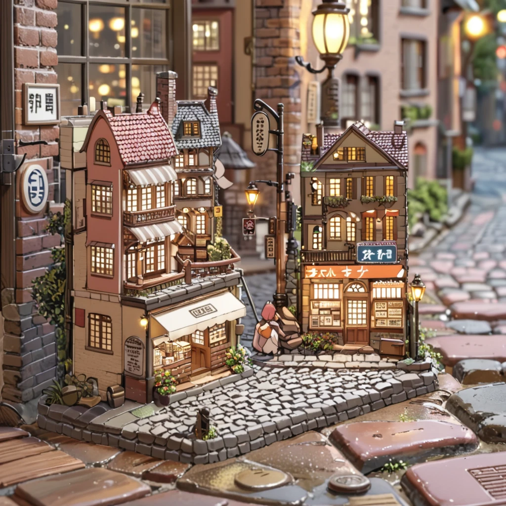 ((tilt-shift photography)), ((anime:1.4,illustration)),(masterpiece, top quality, best quality),(ultra-detailed, absolutely resolution),((16k, high res)). BREAK {lofi art, style of Laurie Greasley, style of Makoto Shinkai, anime aesthetic}, (((retro street scene, depict a nostalgic cityscape from the 1950s, featuring cobblestone streets and vintage buildings, the architecture include brick and stone facades, with charming storefronts displaying period-specific signage and window displays, elements like old-fashioned lampposts, ))), ((anime:1.4, illustration)),(masterpiece, top quality, best quality),(ultra-detailed, absolutely resolution),((16k, high res)) BREAK {lofi art, style of Laurie Greasley, style of Makoto Shinkai, anime aesthetic}, BREAK { (produces images with information than 40 million pixels with cinematic-like detailed textures shot on a Sony SLR).}