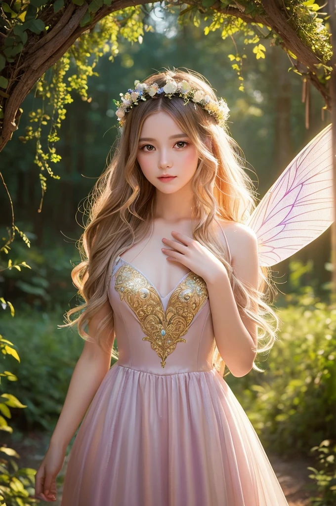 “Create a magical and enchanting portrait of a young fairy woman. She should have delicate, ethereal features with long, flowing hair adorned with a floral crown. Her outfit should be an elegant and intricate dress with soft pastel colors and golden accents. She should have shimmering, translucent fairy wings. In her hand, she holds a glowing, magical orb with a heart shape inside. The background should be a mystical forest at dusk, with a soft, glowing light source above her, adding a dreamy and otherworldly ambiance to the scene.”