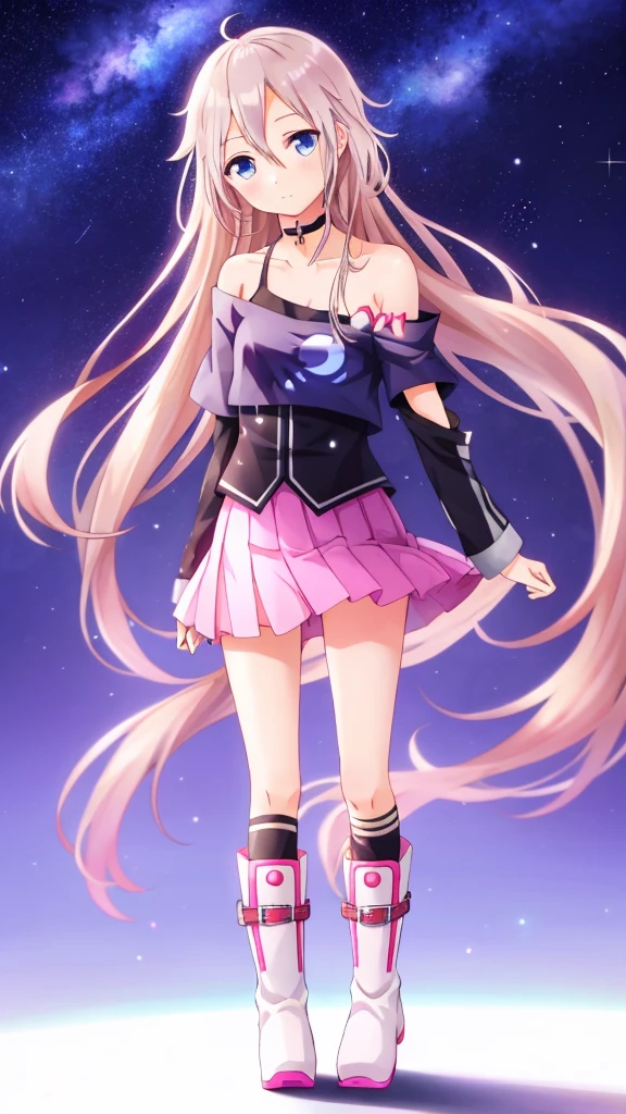one girl, IA, Vocaloid, CeVIO AI, short skirt, black shirt, off shoulder, choker, beauty, starry sky, mysterious girl, close to girl, Aria on the Planetes, slender, cool, straight hair, boots, standing