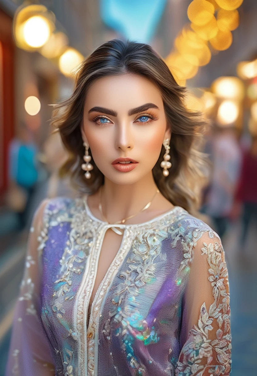 a beautiful woman, a female model, outdoor, city street, urban architecture, beautiful detailed eyes, beautiful detailed lips, extremely detailed eyes and face, long eyelashes, elegant pose, dynamic action, colorful clothing, intriguing expression, (best quality, 4k, 8k, highres, masterpiece:1.2), ultra-detailed, (realistic, photorealistic, photo-realistic:1.37), HDR, UHD, studio lighting, ultra-fine painting, sharp focus, physically-based rendering, extreme detail description, professional, vivid colors, bokeh, portrait, photography, cinematic lighting, warm color tones