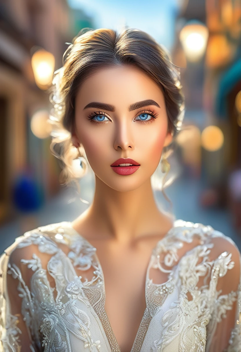 a beautiful woman, a female model, outdoor, city street, urban architecture, beautiful detailed eyes, beautiful detailed lips, extremely detailed eyes and face, long eyelashes, elegant pose, dynamic action, colorful clothing, intriguing expression, (best quality, 4k, 8k, highres, masterpiece:1.2), ultra-detailed, (realistic, photorealistic, photo-realistic:1.37), HDR, UHD, studio lighting, ultra-fine painting, sharp focus, physically-based rendering, extreme detail description, professional, vivid colors, bokeh, portrait, photography, cinematic lighting, warm color tones