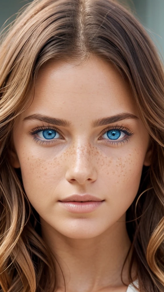 The most beautiful woman, close up of face, perfect skin, symmetrical face, bright blue eyes, wavy hair, perfect face, perfect skin, mild freckels 