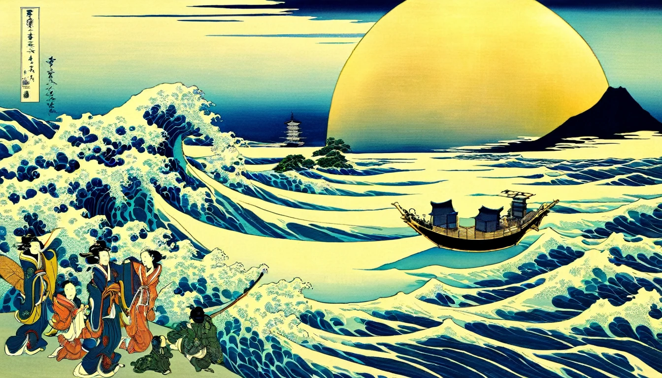 There are three people in the ocean with a sun above., guanyin of the south seas, inspired by Ryūkōsai Jokei, Inspired by Shunkōsai Hokushū, inspired by Yamamoto Shōun, in the art style of ukiyo - e, inspired by hokusai style(art inspired by Bill Sienkiewicz). oil painting)