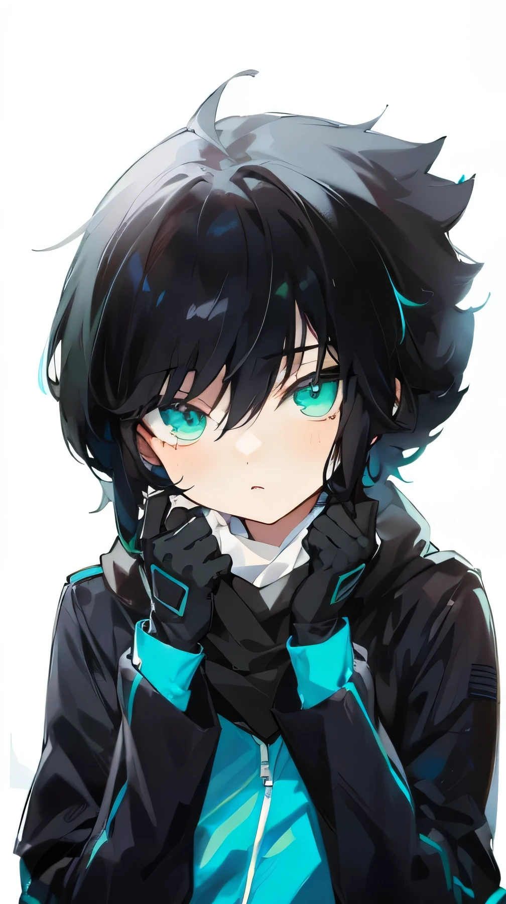 1 boy, black jacket, black hair, black gloves, blue and green eyes, 4k anime, ultra realistic 