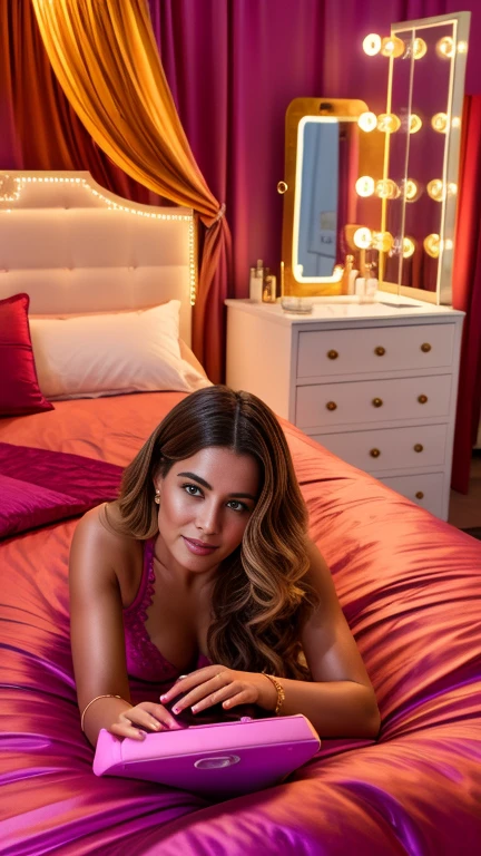  create an illustrative scenario Image A young woman in a luxurious bedroom, filled with modern decor and expensive equipment. She is lying on a king-size bed with silk sheets, cercada por almofadas. The room is softly lit by colorful LED lights.. She is using a smartphone, with multiple social media notifications visible. No fundo, there is a dressing table full of beauty products and accessories.8K uhd, alta qualidade, volumetric light, foto, high resolution, 4k, 8K,