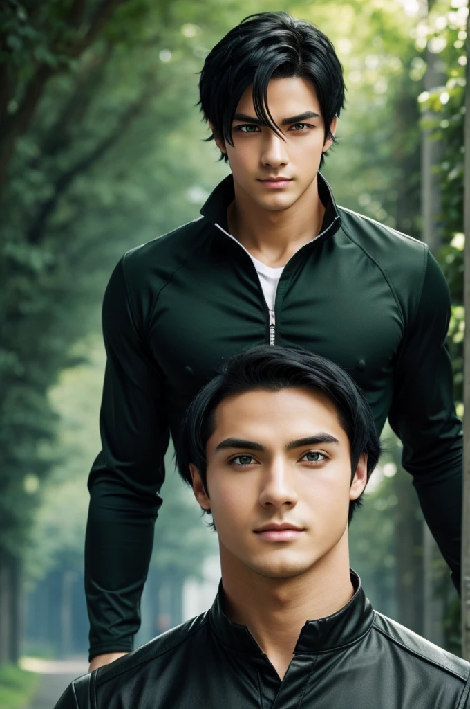 Anime,male human.Healthy body,black hair.green eyes,no background