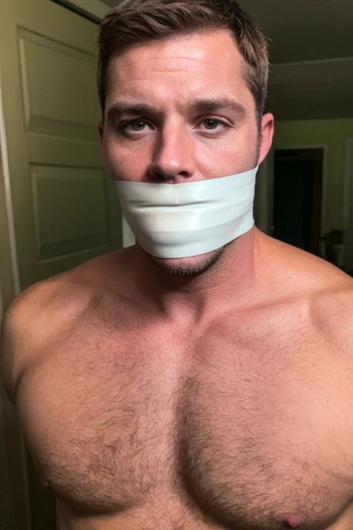 handsome middle aged man, slightly fat, half body, hairy chest, naked, short brown hair, stubble, facial hair, bearded, tape gag, tape wrapped, wrap gag, tightly bound, tape wrapped around face