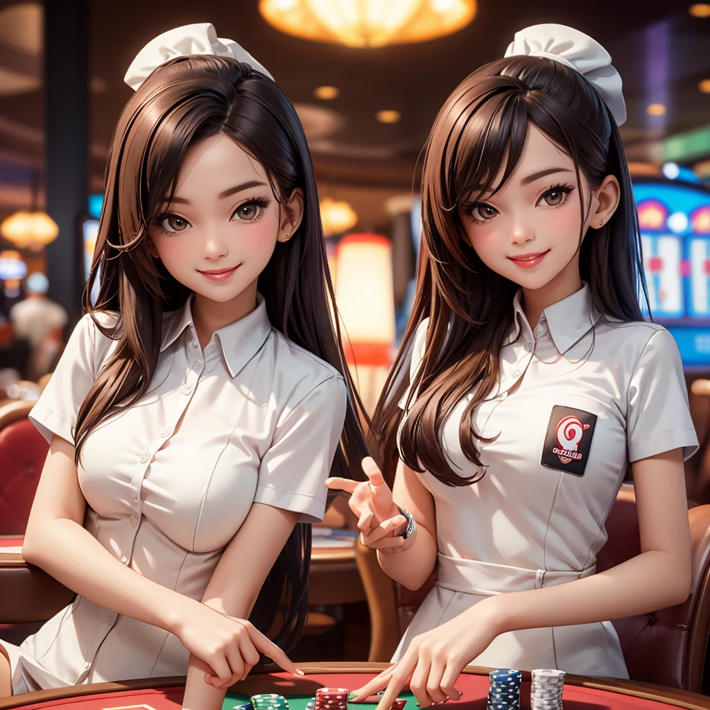 one girl only, luxurious casino, elegant, card table, rich people, people playing cards in background, croupier, customer service, poker table, happy pretty smile, wearing indonesian high , sitting, flirting you