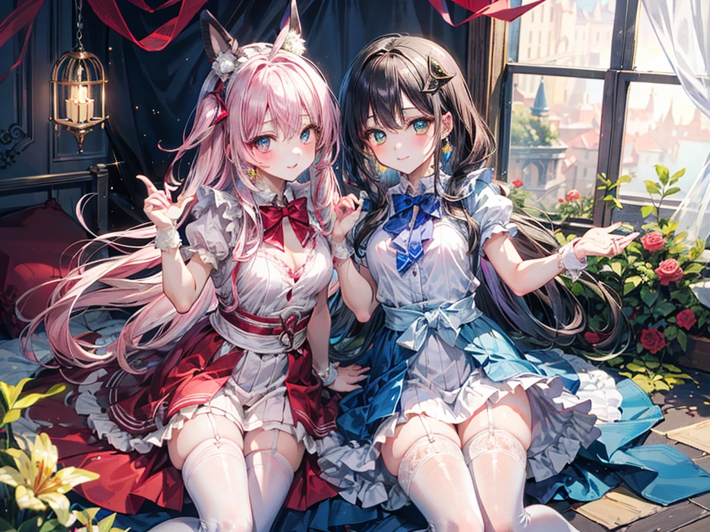 (Best quality, 8k, 32k, Masterpiece, UHD,:1.2),RAW, 1girl,ultra cute , natural lighting,transparent shining eyes, 20yo,medium breast ,fair complexion ,flushed face, dynamic angle, princess style in fairy tale, Alice in wonderland, cheshire cat, red and white and pink and yellow,(zettairyouiki:1.3), White stocking