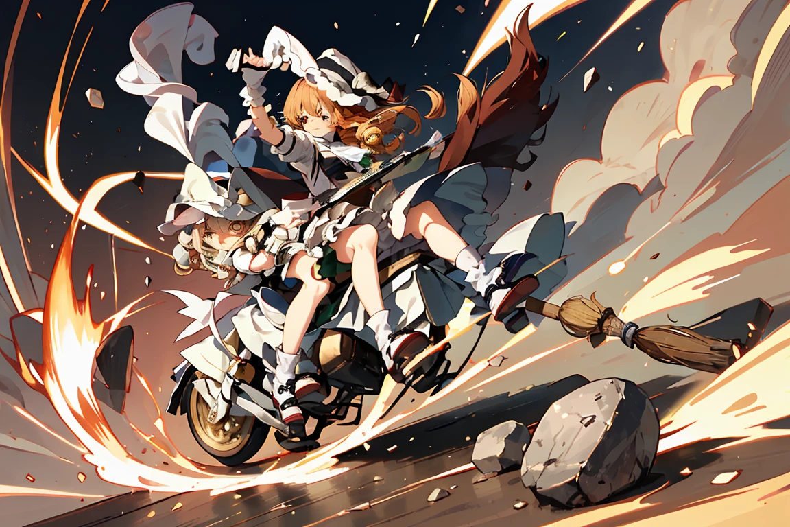 Marisa Kirisame riding a broom and firing her Master Spark