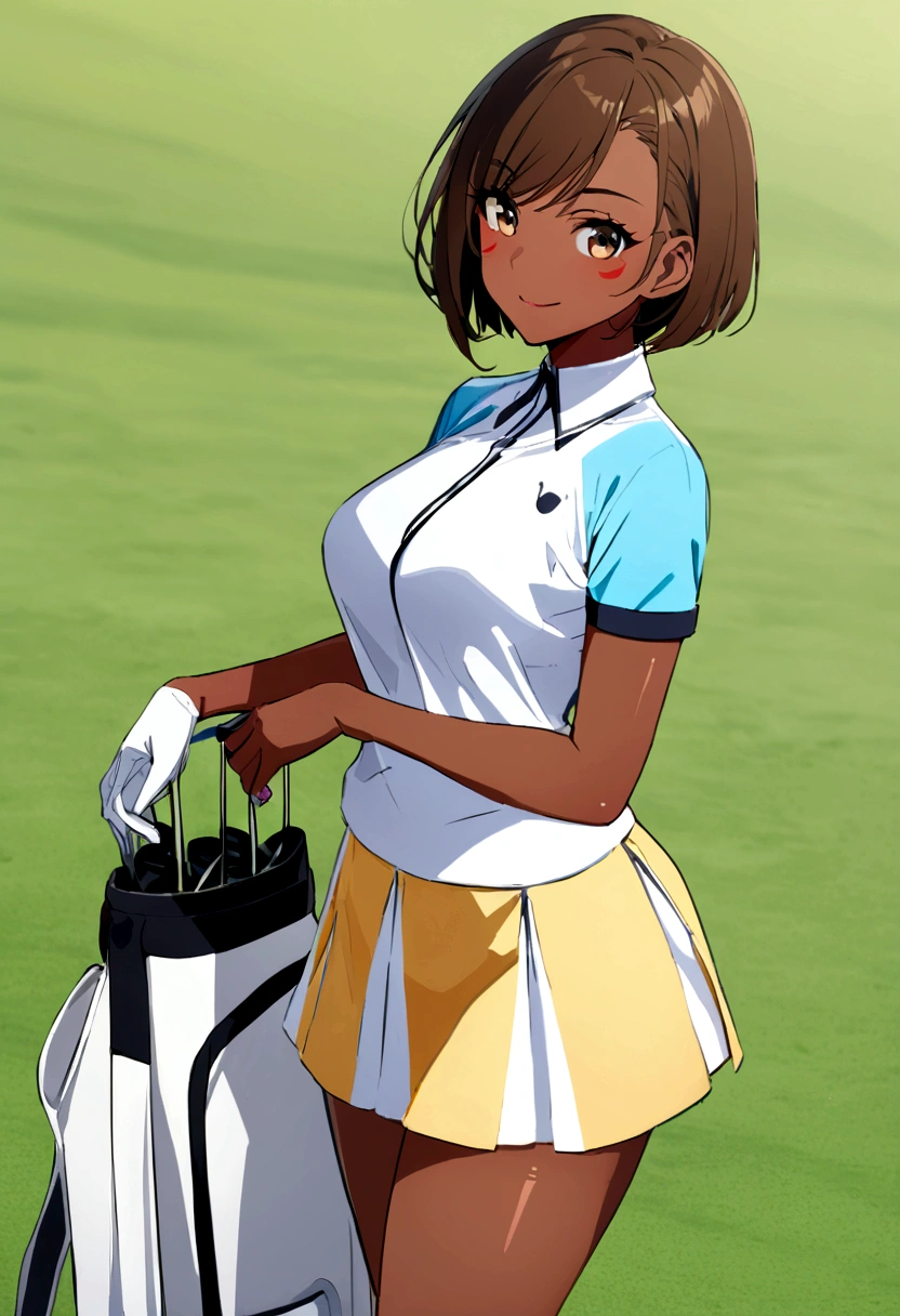 sound high resolution 8k beauty Woman playing golf Golf course Beautiful woman short hair Brown skin Golf Wear mini skirt smile looking at the camera Sunburn mark victory tall