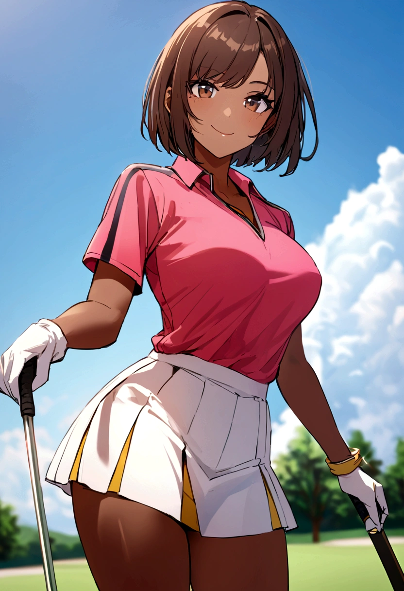sound high resolution 8k beauty Woman playing golf Golf course Beautiful woman short hair Brown skin Golf Wear mini skirt smile looking at the camera Sunburn mark victory tall