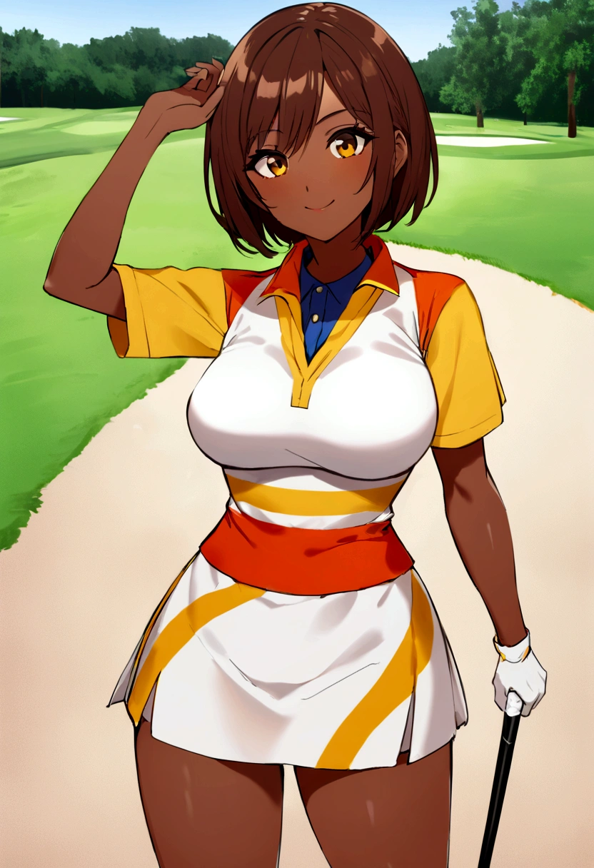 sound　high resolution　8k beauty　Woman playing golf　Golf course　Beautiful woman　short hair　Brown skin　Golf Wear　mini skirt　smile　　looking at the camera　Sunburn mark　　victory　tall