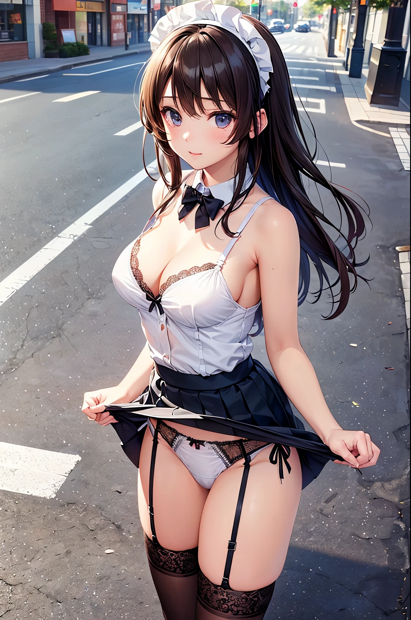 (((masterpiece, highest quality, High resolution, 超High resolution, Pixel perfect, Written boundary depth, 4K, About RTTX10.0))), Beautiful Anime Woman, Beautiful art style, Anime characters, ((Smooth texture, Realistic texture, Anime CG Style)), Exact finger count、Exact number of legs、(Exact number of arms:1.0, Exact number of hands:1.0), (Perfect hands, Perfect Anatomy), Cinematic, Realistic, Highly detailed CG, Daytime lighting, Perfect lighting, Best Shadow, The best natural light, whole body, Perfect body, (Slender body:1.2), whole body, ((Long Hair, bangs, Dark brown hair, fashionable and cute hairstyle)), ((A beautiful woman is walking with her skirt flipped up:1.3)), White and black maid costume, Fashionable white shirt, Bow tie on collar, Maid Headband, (Black knee socks, garter belt:1.2), High heels, Pleated mini skirt, White micro lace bra:1.3), ((Sexy and cute panties, Stylish shiny satin panties, Side tie panties, Panties with plain white center and black lace on the sides, Small lace panties:1), White panties:1.3), (Cleavage, beautiful and big breasts:1.2), (Beautiful and thin thighs:1.3), Short torso, Feeling embarrassed, (blush:1.2) , (Akihabara-like streetscape, In town, building, Sidewalk, Intersection in the background, :1.3), Angle from the front