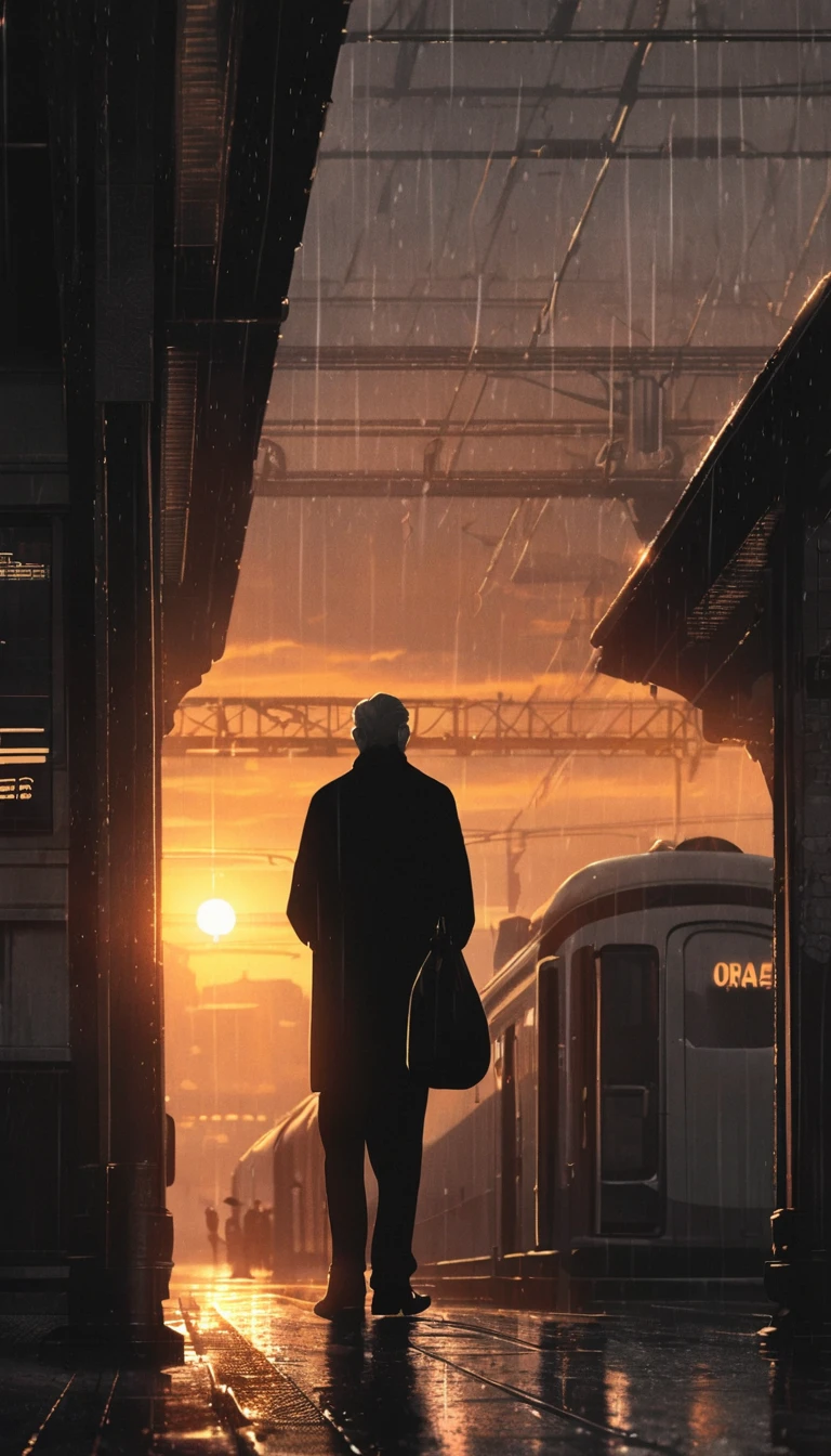 rainy days,Old man back,with a bag of oranges,station,sunset,backlight,high quality,movie atmosphere,black and white,monochrome,