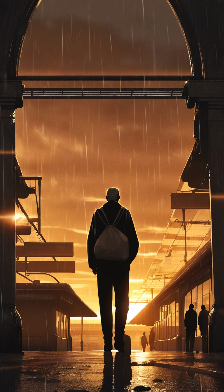 rainy days,Old man back,with a bag of oranges,station,sunset,backlight,high quality,movie atmosphere,black and white,monochrome,