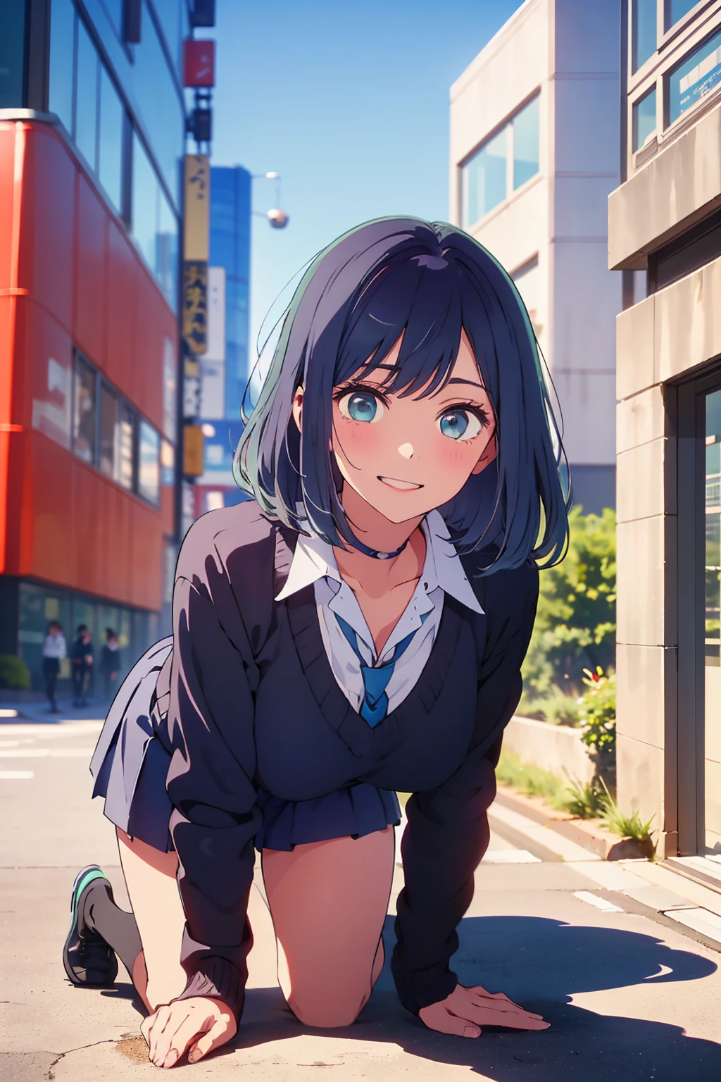 highest quality,8k,detailed,F cup bust、Big Breasts、Very cute face、White shirt、Black Skirt、Black Sweater Vest、Blue tie、Beautiful thighs、Best Beautiful Legs、Slim and beautiful arms、Slim body、Very white beautiful skin、((((1 person、looking at the camera、smile、smile、Tokyo buildings in the background、On all fours))))、I can see the deep blue sky、The atmosphere is bright and lively、The woman is at the center of the image。