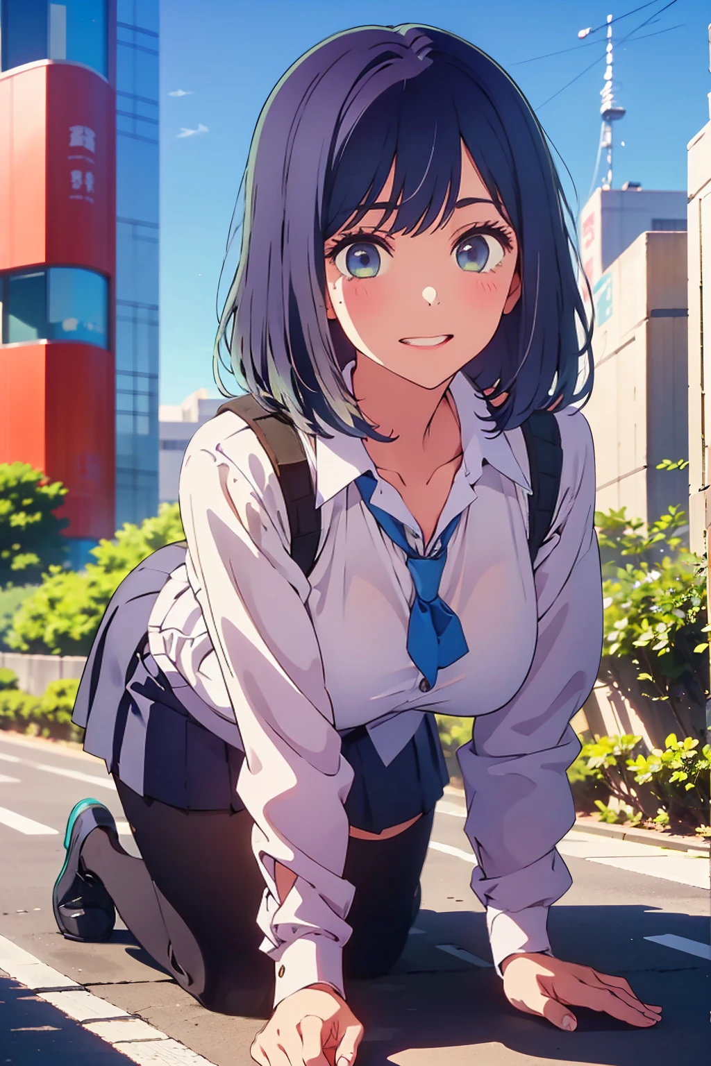 highest quality,8k,detailed,F cup bust、Big Breasts、Very cute face、White shirt、Black Skirt、Black Sweater Vest、Blue tie、Beautiful thighs、Best Beautiful Legs、Slim and beautiful arms、Slim body、Very white beautiful skin、((((1 person、looking at the camera、smile、smile、Tokyo buildings in the background、On all fours))))、I can see the deep blue sky、The atmosphere is bright and lively、The woman is at the center of the image。