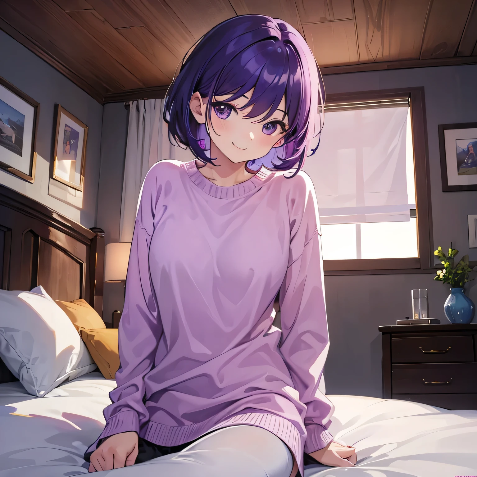 (T Masterpiece，4K wallpaper，Best Quality))、((girl１people))、(solo)、Bright and Brilliant，(Purple Hair)、(Shortcuts:1.3)、smile、Bedroom、sweater、morning