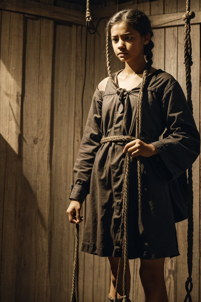 A girl is and tied with rope by a murderer