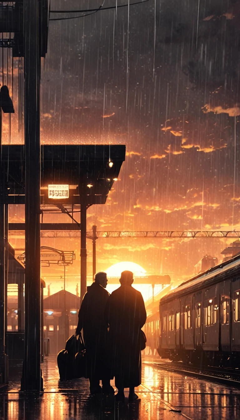 rainy days,Old man back,with a bag of oranges,station,sunset,backlight,high quality,movie atmosphere,black and white,monochrome,