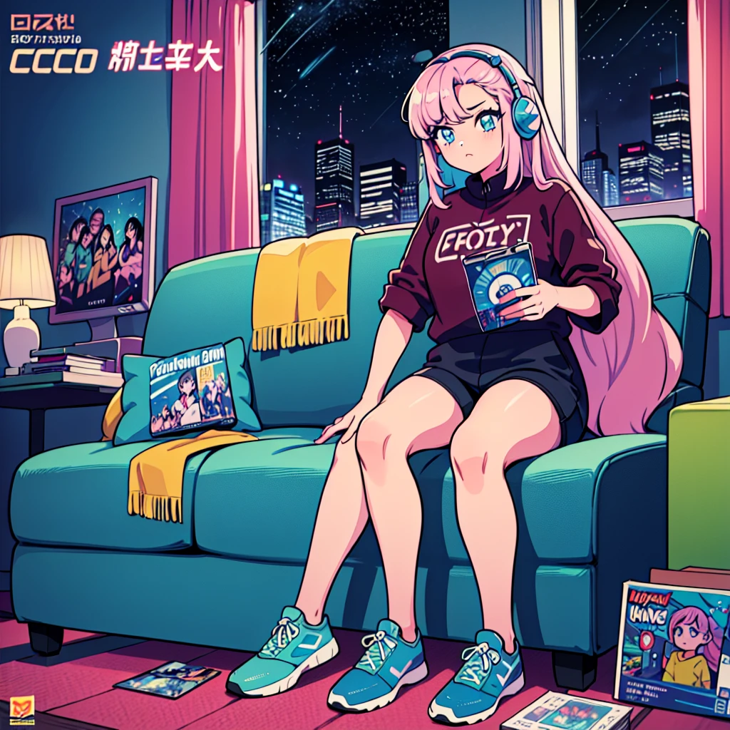 (masterpiece), highest quality, Expressive eyes, Neon pastel aesthetics, Retro 90s, Neon color,((Girl sitting on sofa,In a cozy room,Records hanging on her wall, Comic books on the floor, Looking out the window behind her at the night city, Upholstered room, Anime figures lined up on a shelf)), Wearing headphones, (All around her it sparkles), (wearing thick colorful sneakers), (blue eyes), (Soft look), (Synthwave Art Style), Colorful Hair, Desk with PC set up