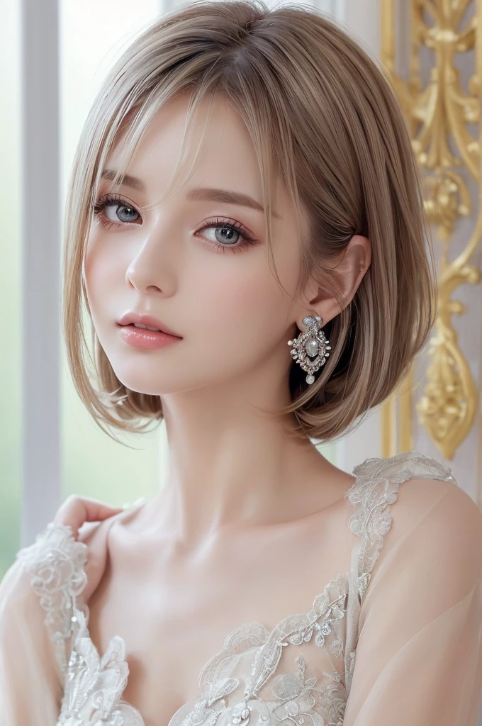 (((Very elegant and beautiful, Perfect detail, Very detailed))), whole body, The most detailed girl, Written boundary depth, 美しく詳細なwhole body, Thin legs, 1 girl, 30 years old, Very short hair, Spiked Hair, Gray and silver hair, Beautiful detailed hair, Perfect Face, Expressionless, Beautiful, detailed, deep eyes, Please open your mouth a little, Delicate arms and hands, Pale skin, Earrings, Beautiful and gorgeous necklace, Colorful background, HD background, Blurred Background, Very delicate and beautiful, masterpiece, (((highest quality, Very beautiful 8K CG wallpaper))), (((Trendy hairstyles))), (Inside the room,Stylish interior,window),Elegant Dresses,Jacket