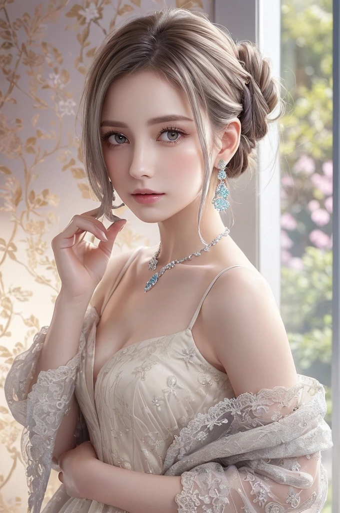 (((Very elegant and beautiful, Perfect detail, Very detailed))), whole body, The most detailed girl, Written boundary depth, 美しく詳細なwhole body, Thin legs, 1 girl, 30 years old, Very short hair, Spiked Hair, Gray and silver hair, Beautiful detailed hair, Perfect Face, Expressionless, Beautiful, detailed, deep eyes, Please open your mouth a little, Delicate arms and hands, Pale skin, Earrings, Beautiful and gorgeous necklace, Colorful background, HD background, Blurred Background, Very delicate and beautiful, masterpiece, (((highest quality, Very beautiful 8K CG wallpaper))), (((Trendy hairstyles))), (Inside the room,Stylish interior,window),Elegant Dresses,Jacket