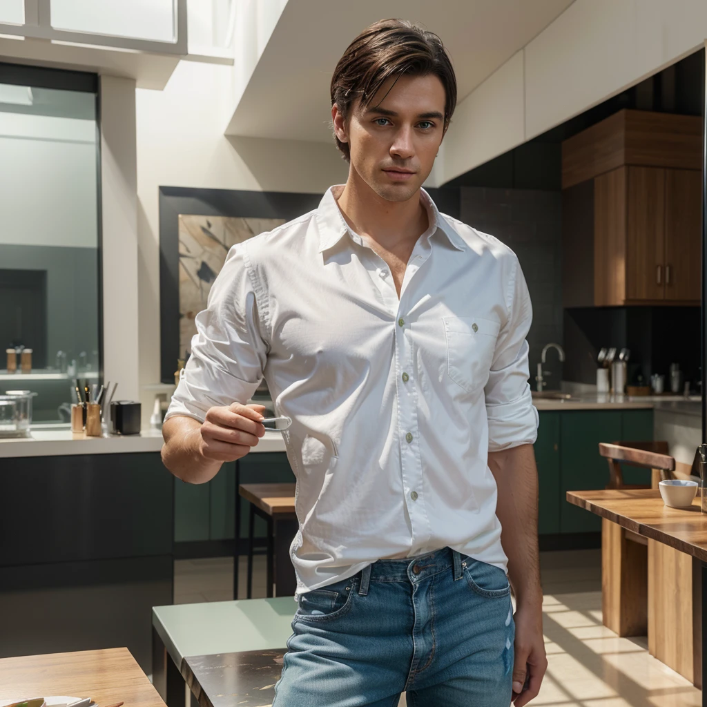 a handsome white man with short black hair and striking green eyes, wearing blue jeans, a white button-up shirt, and white sneakers, standing in front of a modern restaurant with glass decor and architectural details, (best quality,4k,8k,highres,masterpiece:1.2),ultra-detailed,(realistic,photorealistic,photo-realistic:1.37),HDR,UHD,studio lighting,ultra-fine painting,sharp focus,physically-based rendering,extreme detail description,professional,vivid colors,bokeh,portrait