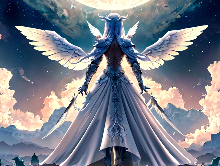 (a full body view model shot taken from the rear: 1.5), female angel (Masterpiece, intense details: 1.3), paladin, holy warrior, short blond hair, determined face, full body, armed with sword, holy symbol, (wearing white armor: 1.3), (wings sprouting from the back: 1.3) spread large feathered wings, majestic wings, white angelic wings, moon light, moon, stars, clouds, cemetery background, anatomically correct (Masterpiece, intense details: 1.3), god rays, cinematic lighting, glowing light, photorealism, panoramic view, Wide-Angle, Ultra-Wide Angle, 16k, highres, best quality, high details, ultra detailed, masterpiece, best quality, (extremely detailed), arafed, dnd art, armored dress