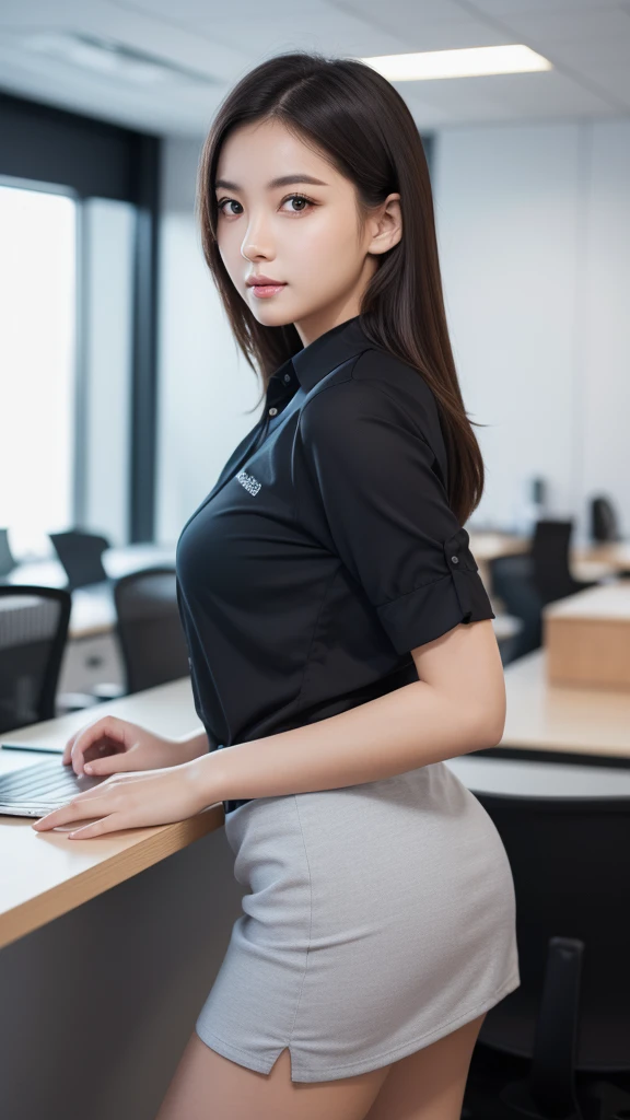 (1young woman), kawaii face, (highly detailed face), Amazing face and eyes, (Best Quality:1.4), (Ultra-detailed), (extremely detailed CG unified 8k wallpaper), Highly detailed, High-definition raw color photos, Professional Photography, Realistic portrait, Amazing face and eyes, Pink eyes, indoors, office, (office lady, shirt, miniskirt,:1.3), model, depth of fields, (fine face:1.2),