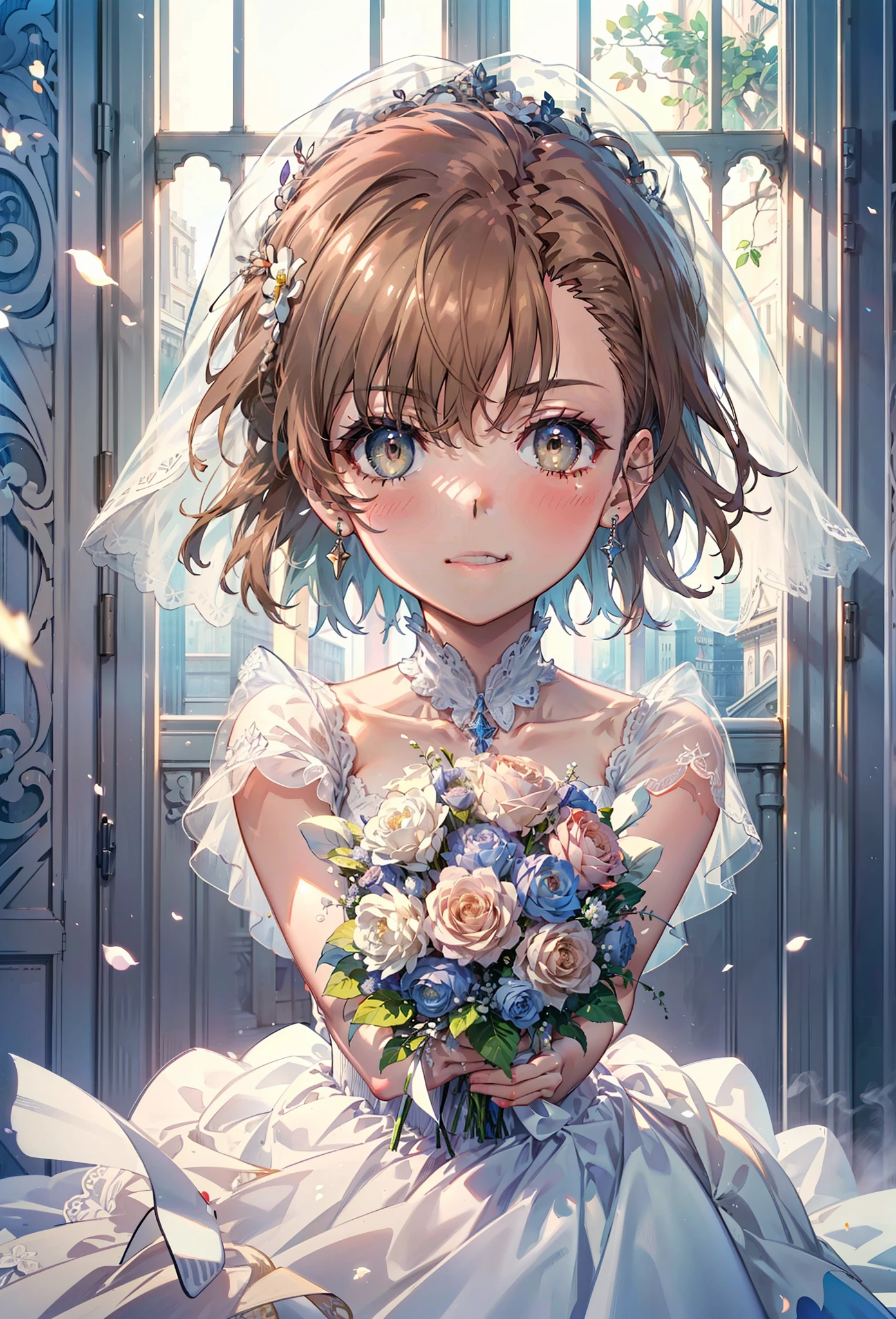 8k,highest quality,masterpiece,(((Pixel Perfect, Perfect in every detail))), alone, 1 girl, ,Mycotrose, Brown eyes,Brown Hair,short hair,Open your mouth,smile,blush,Flower Hair Ornaments,Veil,Wedding dress,Wedding Skirts,holding a bouquet with both hands,Flower Storm, break indoors, Chapel,Association, break looking at viewer, whole body,(Cowboy Shot:1. 5) , break (masterpiece:1.2), highest quality, High resolution, unity 8k wallpaper, (shape:0.8), (Beautiful details:1.6), Highly detailed face, Perfect lightでg, Highly detailed CG, (Perfect hands, Perfect Anatomy),