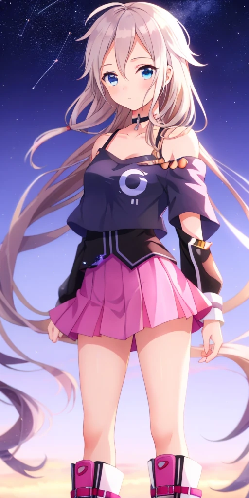one girl, IA, Vocaloid, CeVIO AI, short skirt, black shirt, off shoulder, choker, beauty, starry sky, mysterious girl, close to girl, Aria on the Planetes, slender, cool, straight hair, boots, standing