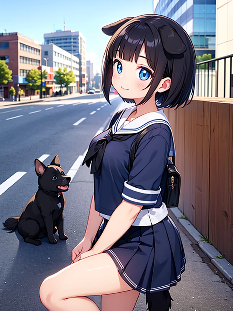 Short black hair Adult female　Dog Ears　Dark blue colored eyes　Wearing a sailor uniform　In the city　smile