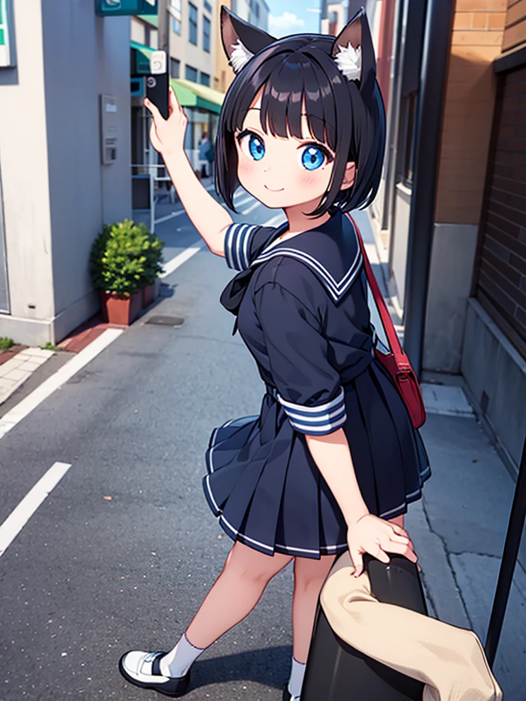 Short black hair Adult female Dog Ears Dark blue colored eyes Wearing a sailor uniform In the city smile