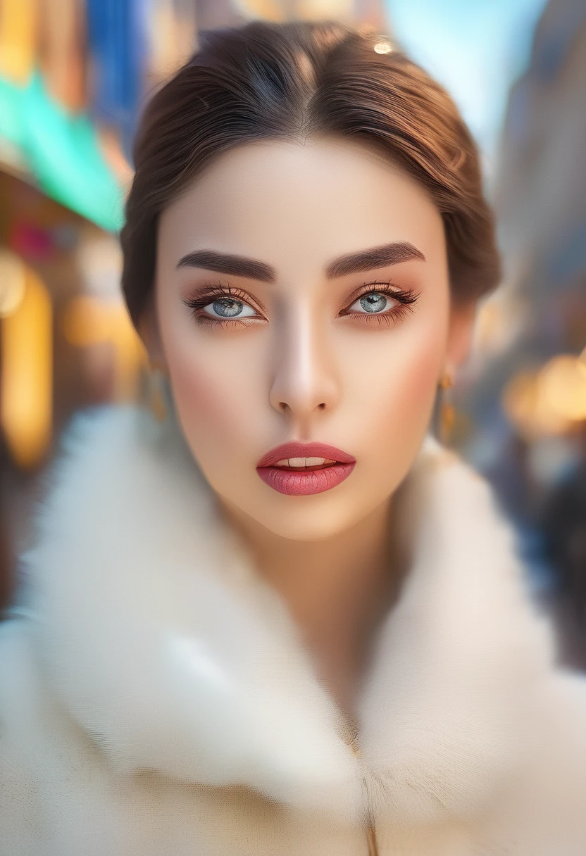 a beautiful woman, a female model, outdoor, city street, urban architecture, beautiful detailed eyes, beautiful detailed lips, extremely detailed eyes and face, long eyelashes, elegant pose, dynamic action, colorful clothing, intriguing expression, (best quality, 4k, 8k, highres, masterpiece:1.2), ultra-detailed, (realistic, photorealistic, photo-realistic:1.37), HDR, UHD, studio lighting, ultra-fine painting, sharp focus, physically-based rendering, extreme detail description, professional, vivid colors, bokeh, portrait, photography, cinematic lighting, warm color tones