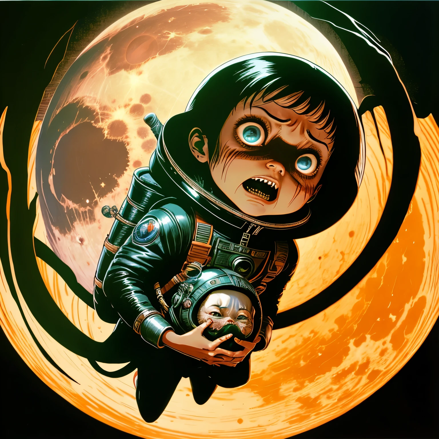 A frightened Chinese girl, in a black leather space suit, holding a baby Xenomorph, escaping her captors on one of the moons of Jupiter, HD, 8k, featuring highly detailed facial features and cartoon-style visuals, by Brian Bolland, By Mike Ploog, by WAlly Wood, by Bernie Wrightson, lurid and vivid colors, Technicolor, retro sci-fi vibe, classic Italian style horror