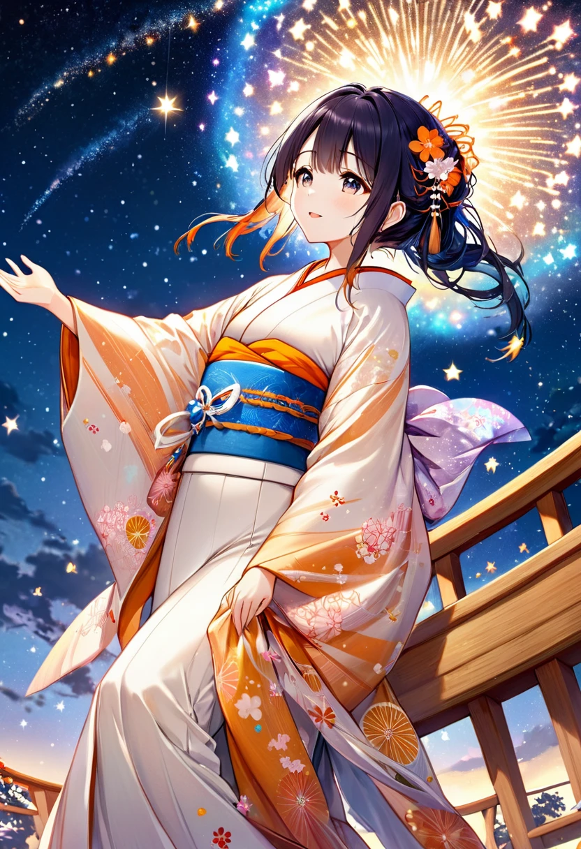 (highest quality,8k,32k,masterpiece,ultra-high resolution),A beautiful scene depicting Orihime, the weaver princess from the Tanabata festival. She is dressed in a traditional, elegant kimono with intricate patterns, standing on a celestial bridge with the Milky Way sparkling in the background. Orihime has long, flowing black hair adorned with delicate hairpins and ornaments. Her expression is one of joy and anticipation as she eagerly looks towards the distant figure of Hikoboshi, her beloved, on the other side of the Milky Way. The sky is filled with twinkling stars, creating a magical and romantic atmosphere.