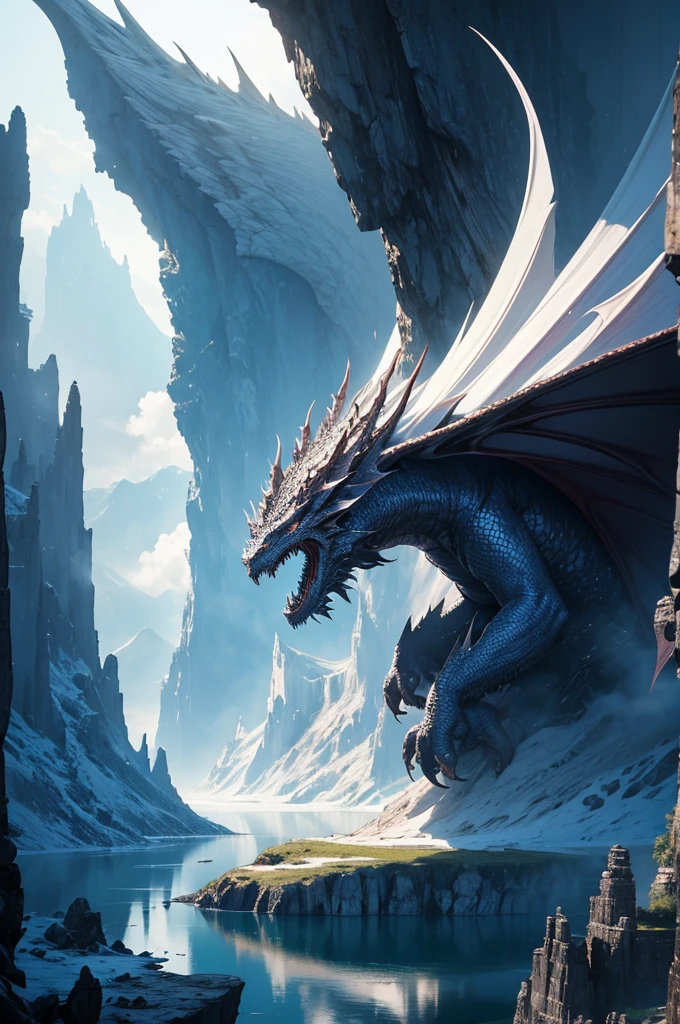huge dragon monster,Reference Space Warrior Bahamut,silver white gold bahamut. Photography that captures the essence of a magical dream world with the awe of an epic legend. The cliff of epic legend,Hanging over a beautiful lake, Surreal and vibrant colors light up its reflections. The atmosphere is otherworldly, Soft nightlight casts ethereal shadows. Images create a sense of depth and mystery, It's as if the audience is transported to another dimension, Created using Canon EosIII Zeiss 120mm wide-angle shooting