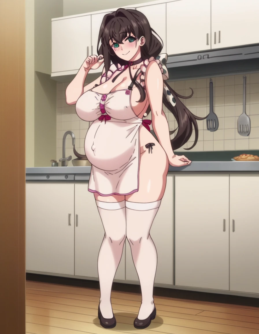 score_9, score_8_up, score_7_up, score_6_up, score_5_up, score_4_up, source_anime, BREAK, (masterpiece:1.1), (best quality,:1.1), (high quality:1.1), (anime screencap:1.2), kasumi_olis, 1girl, full body, smile, standing, indoors, background kitchen, looking at viewer, hair ribbon, red ribbon, long hair, naked apron, white thigh-highs, collar, huge breasts, thick thighs, wide hips, happy, blush, ass, pregnant