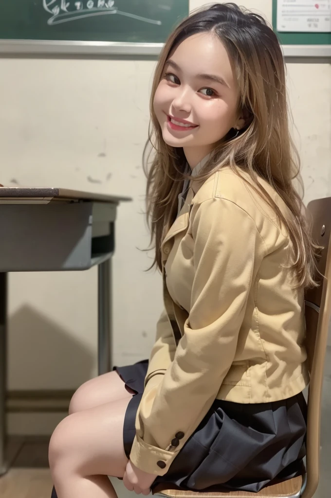 best quality, face focus, soft light, (depth of field) ,ultra high res, (photorealistic:1.4), RAW photo,
(upper knees:1.4) ,(from side)
1 girl, solo, cute, (shy, smile:1.1), (brown eyes), detailed beautiful face, (long hair ),
High School Classroom, (sit chair),
(school uniform:1.4,dark brown skirt,light brown shirt)