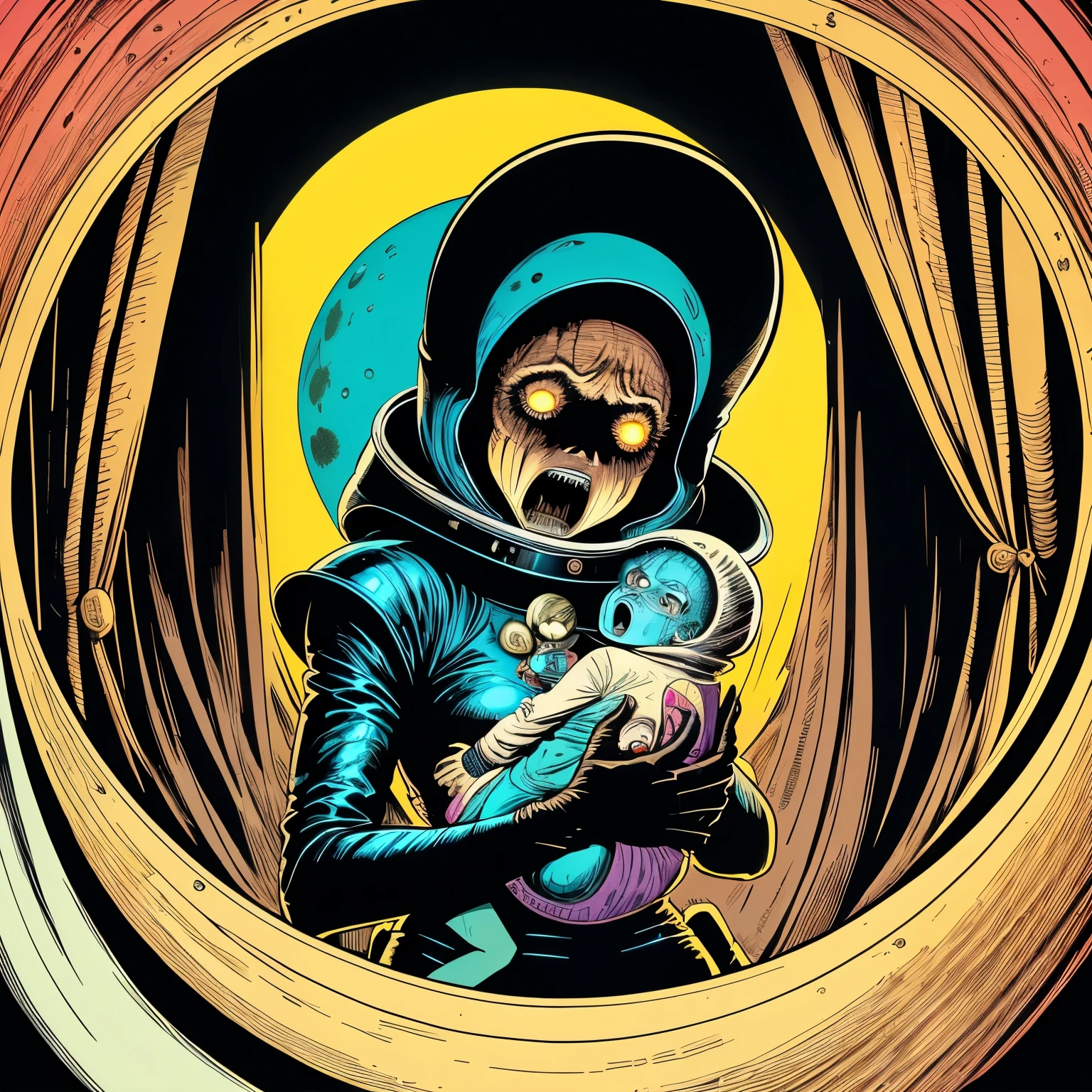 A frightened Italian astro-woman, in a black leather space suit, holding a baby Xenomorph, escaping her captors on one of the moons of Jupiter, HD, 8k, featuring highly detailed facial features and cartoon-style visuals, by Brian Bolland, By Mike Ploog, by Wally Wood, by Bernie Wrightson, lurid and vivid colors, Technicolor, retro sci-fi vibe, classic Italian style horror, EC Comics