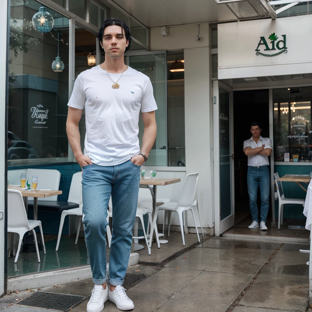 A white man with black hair and green eyes wearing blue jeans and a white shirt, he is wearing white shoes and is standing in front of a restaurant with glass decorations.