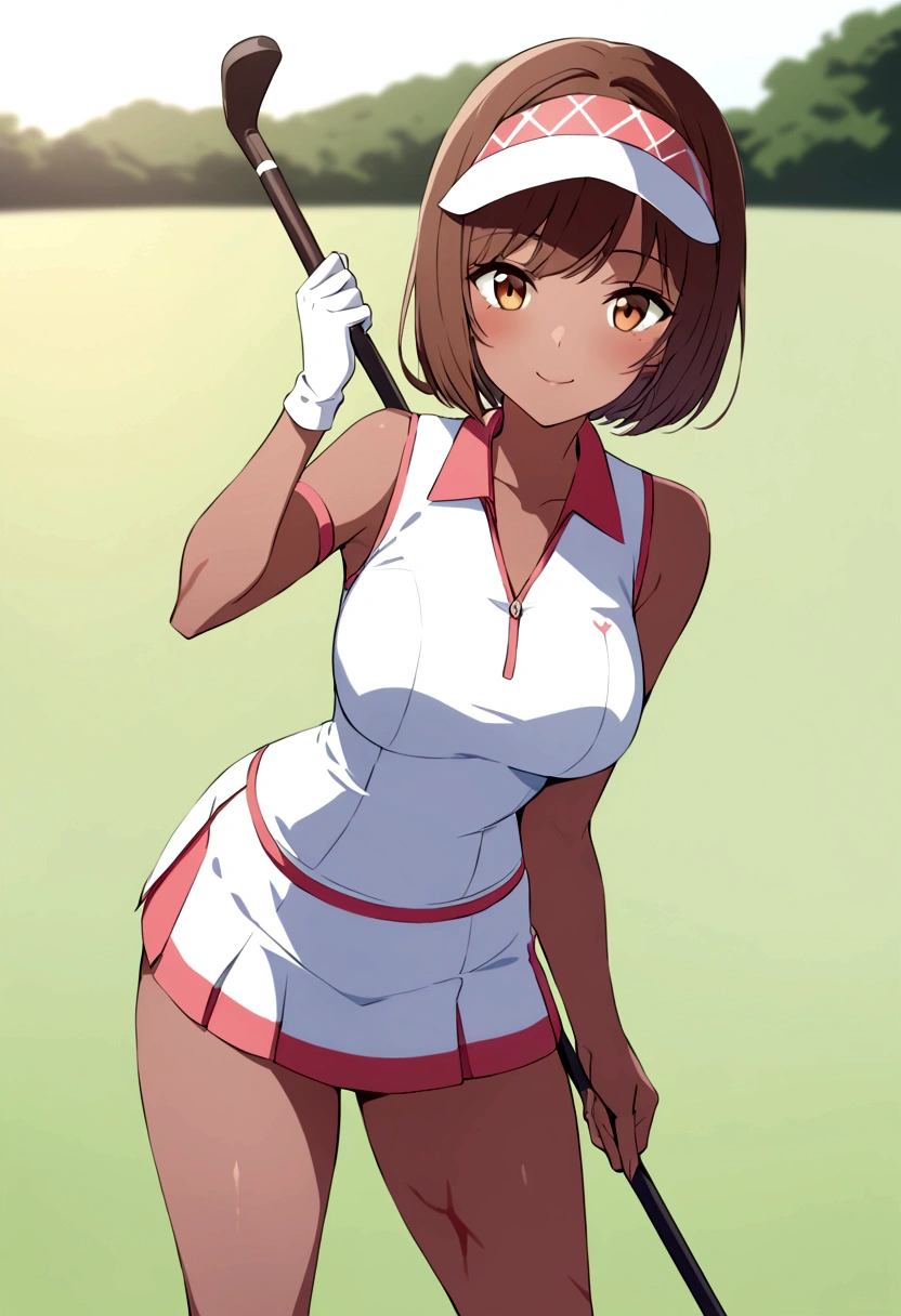 sound　high resolution　8k beauty　Woman playing golf　Golf course　Beautiful woman　short hair　Brown skin　Golf Wear　mini skirt　smile　　looking at the camera　Sunburn mark　　victory　tall