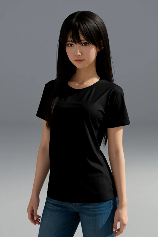 3D anime of a girl standing in a black t-shirt